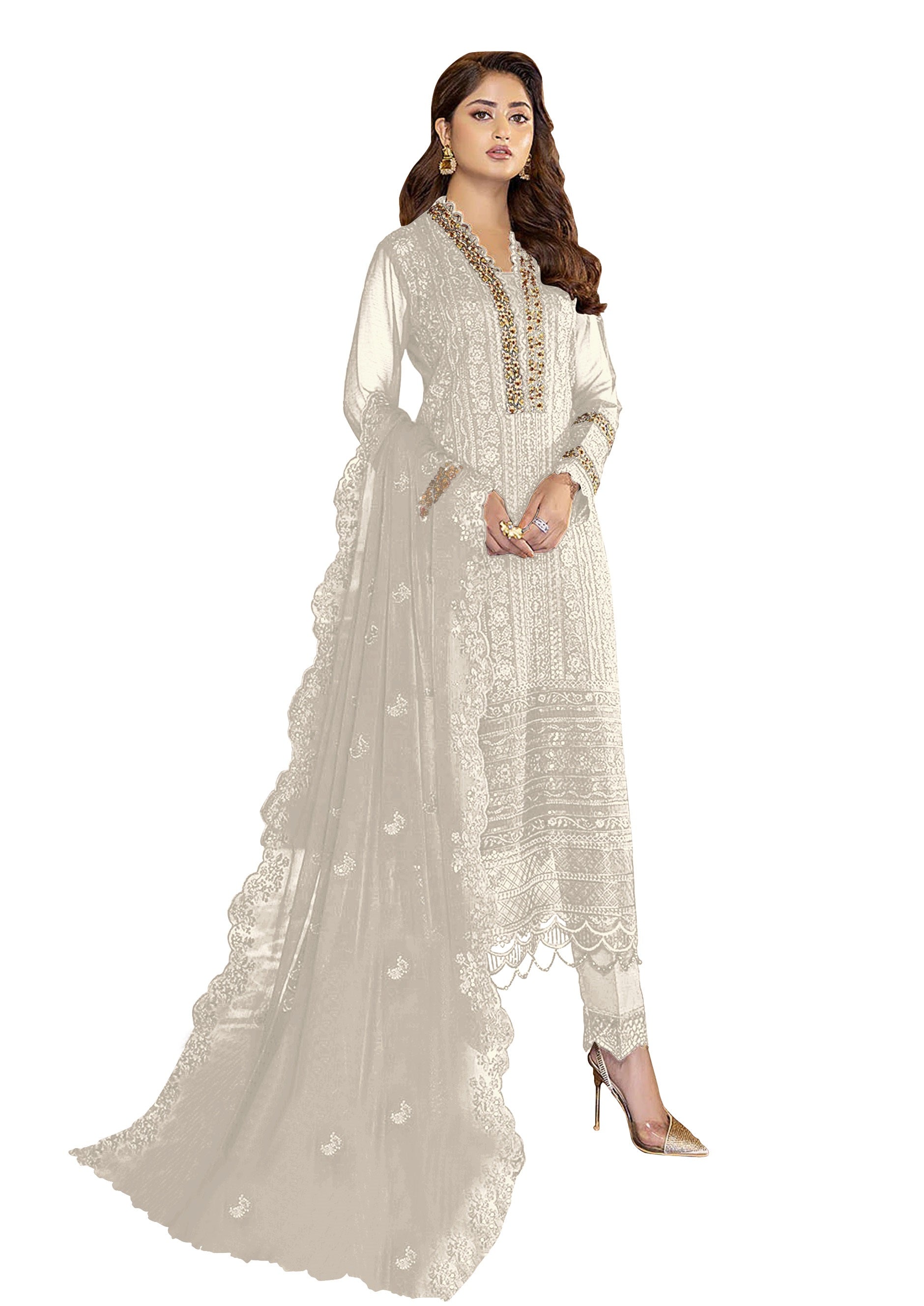 White Color Faux Georgette With Sequence Work Straight Salwar Suit - Joshindia