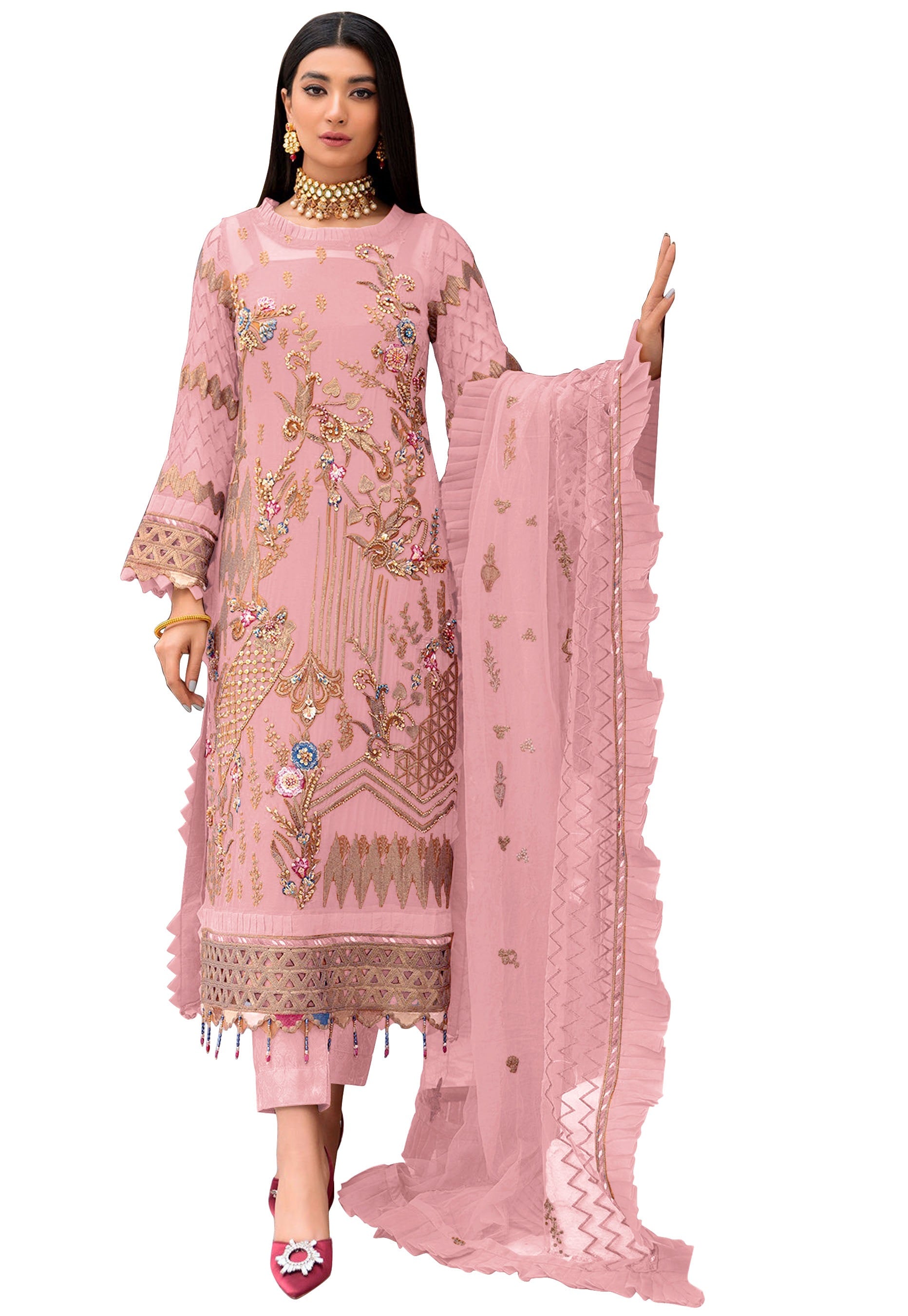 Pink Color Faux Georgette With Sequence Embroidery Work Straight Salwar Suit - Joshindia