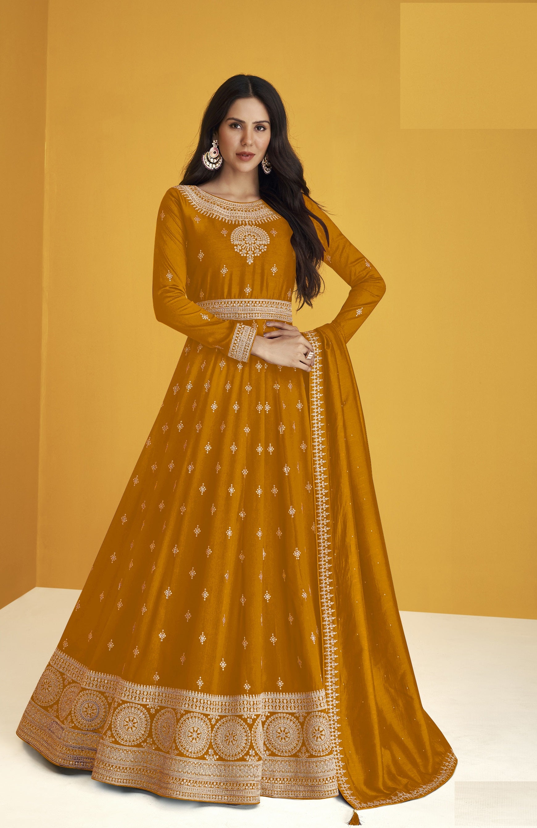 Embroidered Anarkali Suit in Yellow Georgette - AS3645