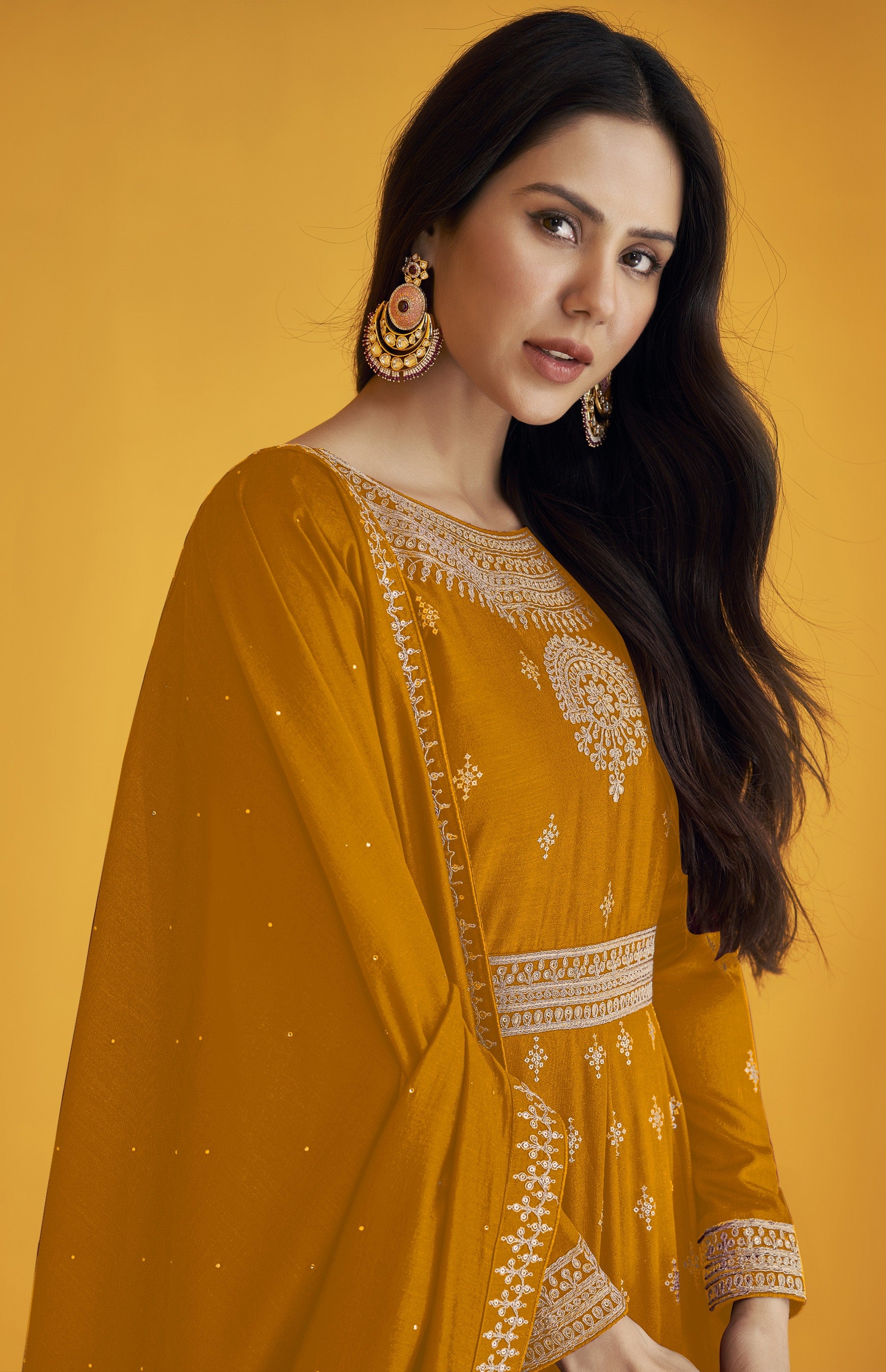 Yellow Color Faux Georgette With Embroidery Work Gown Anarkali Suit - Joshindia