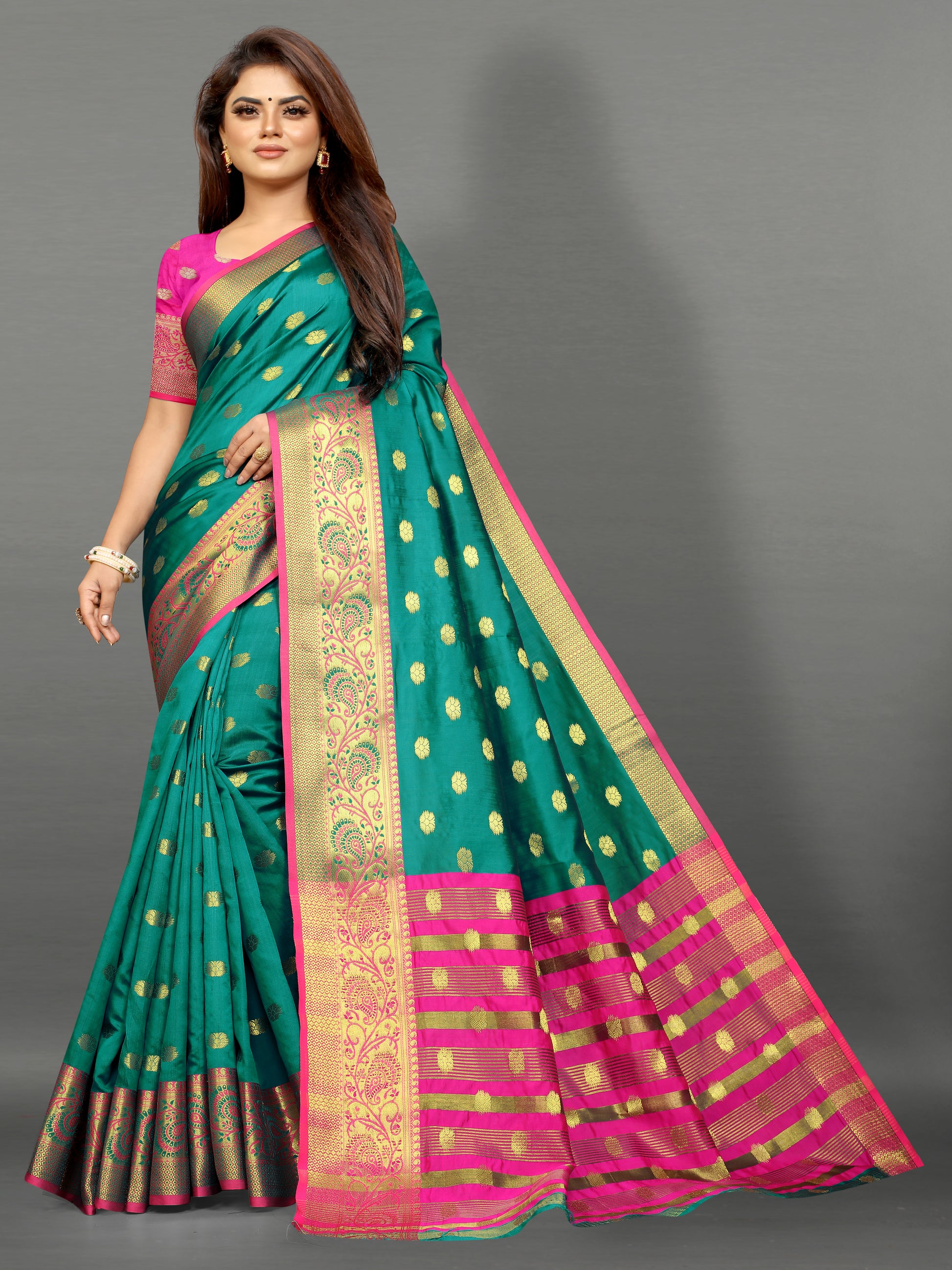 Pink and Rama Green color banarasi silk saree - Joshindia