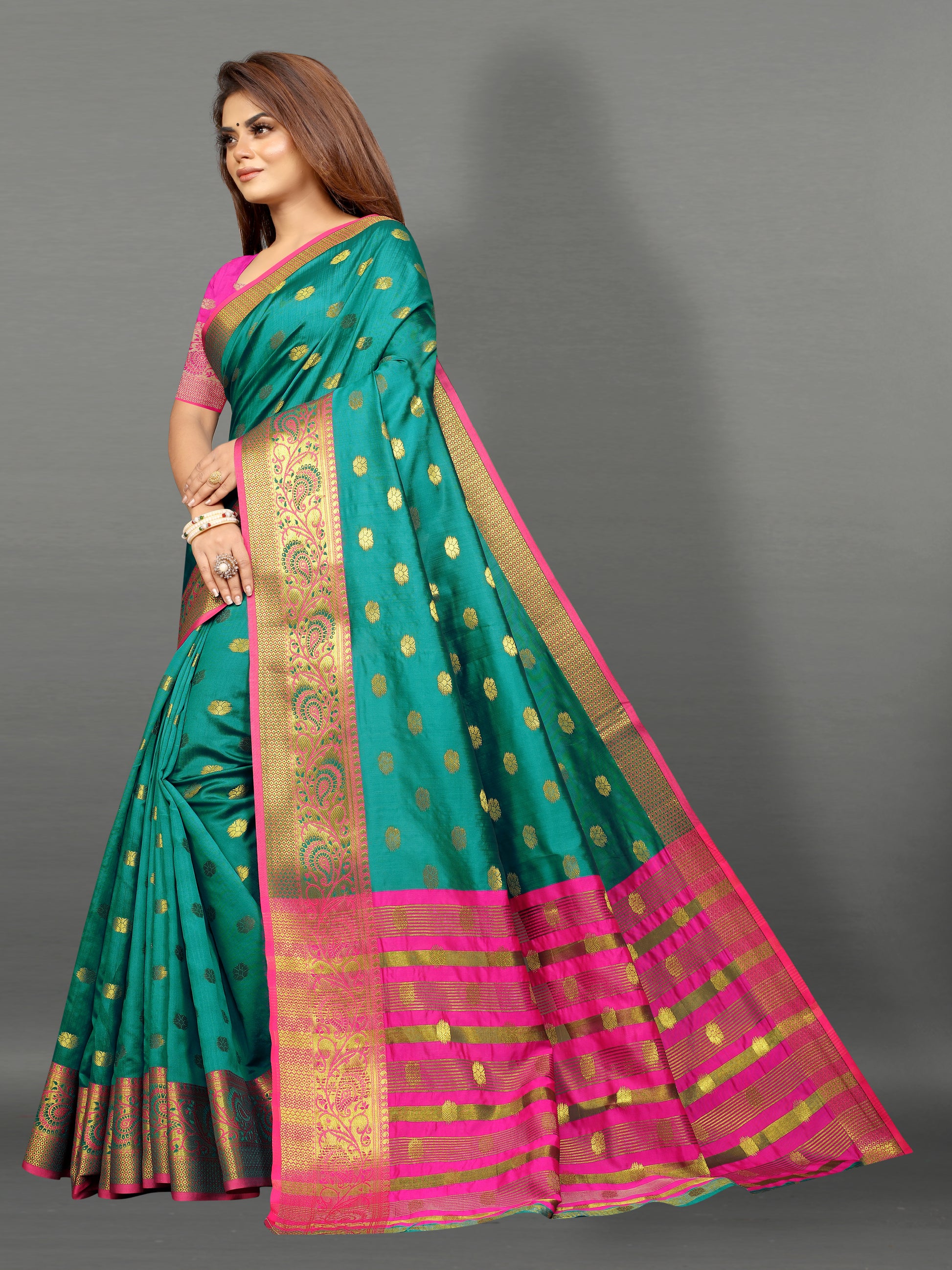 Pink and Rama Green color banarasi silk saree - Joshindia