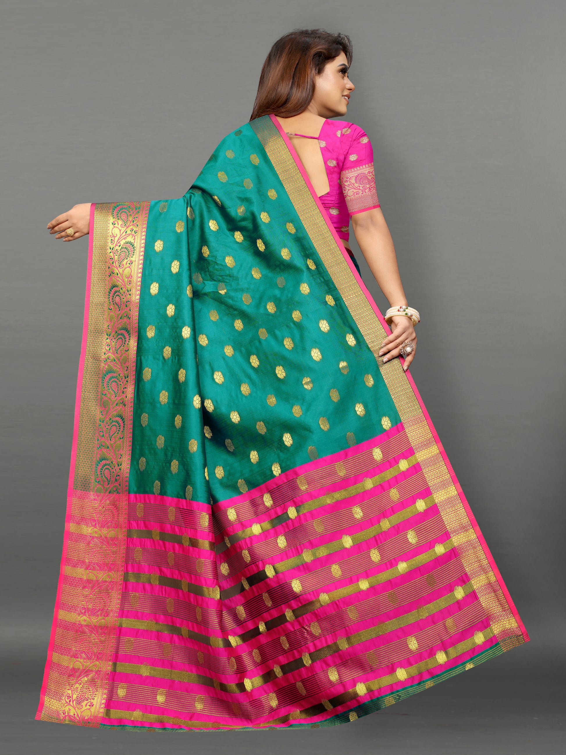 Pink and Rama Green color banarasi silk saree - Joshindia