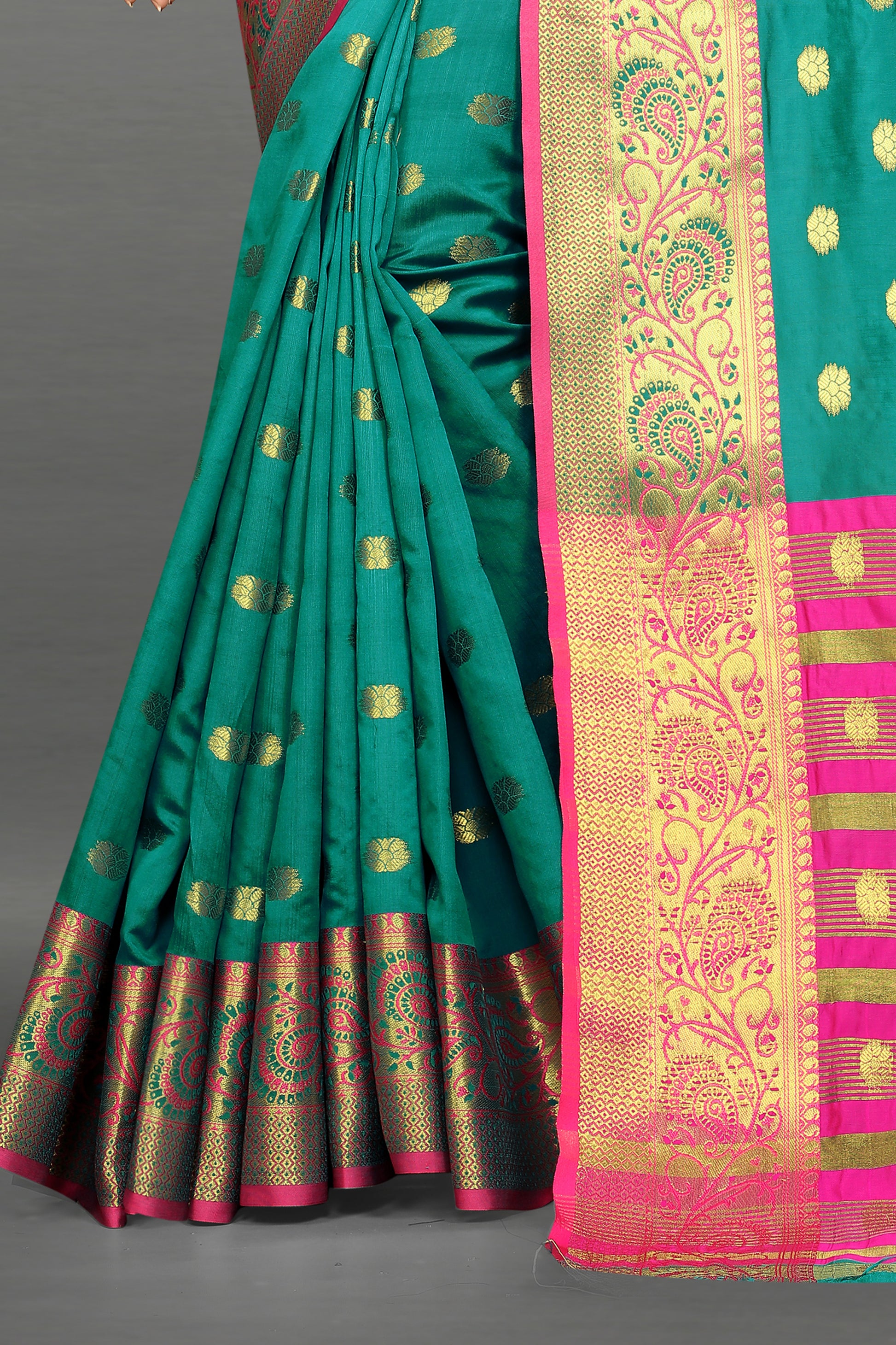 Pink and Rama Green color banarasi silk saree - Joshindia