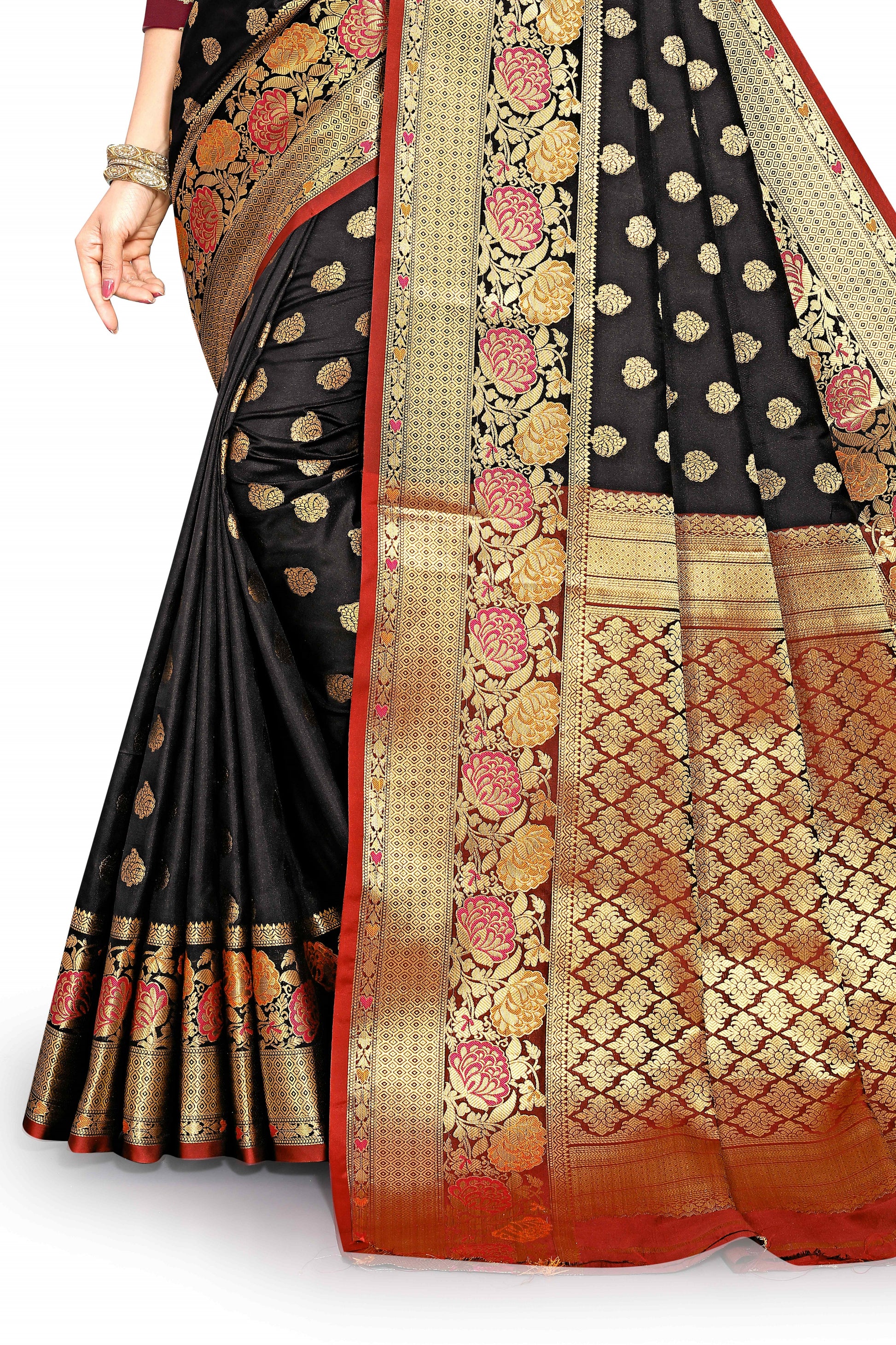 Red and Black color banarasi silk saree - Joshindia