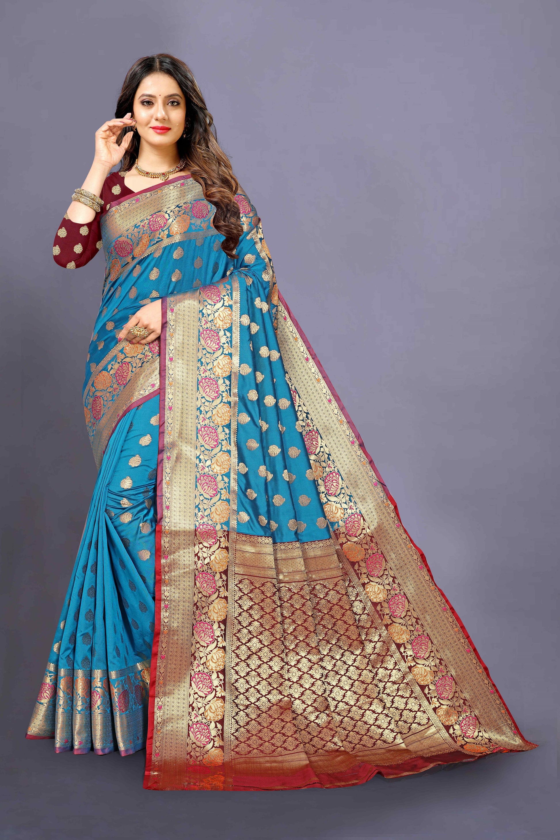 Sky color banarasi silk saree - Joshindia