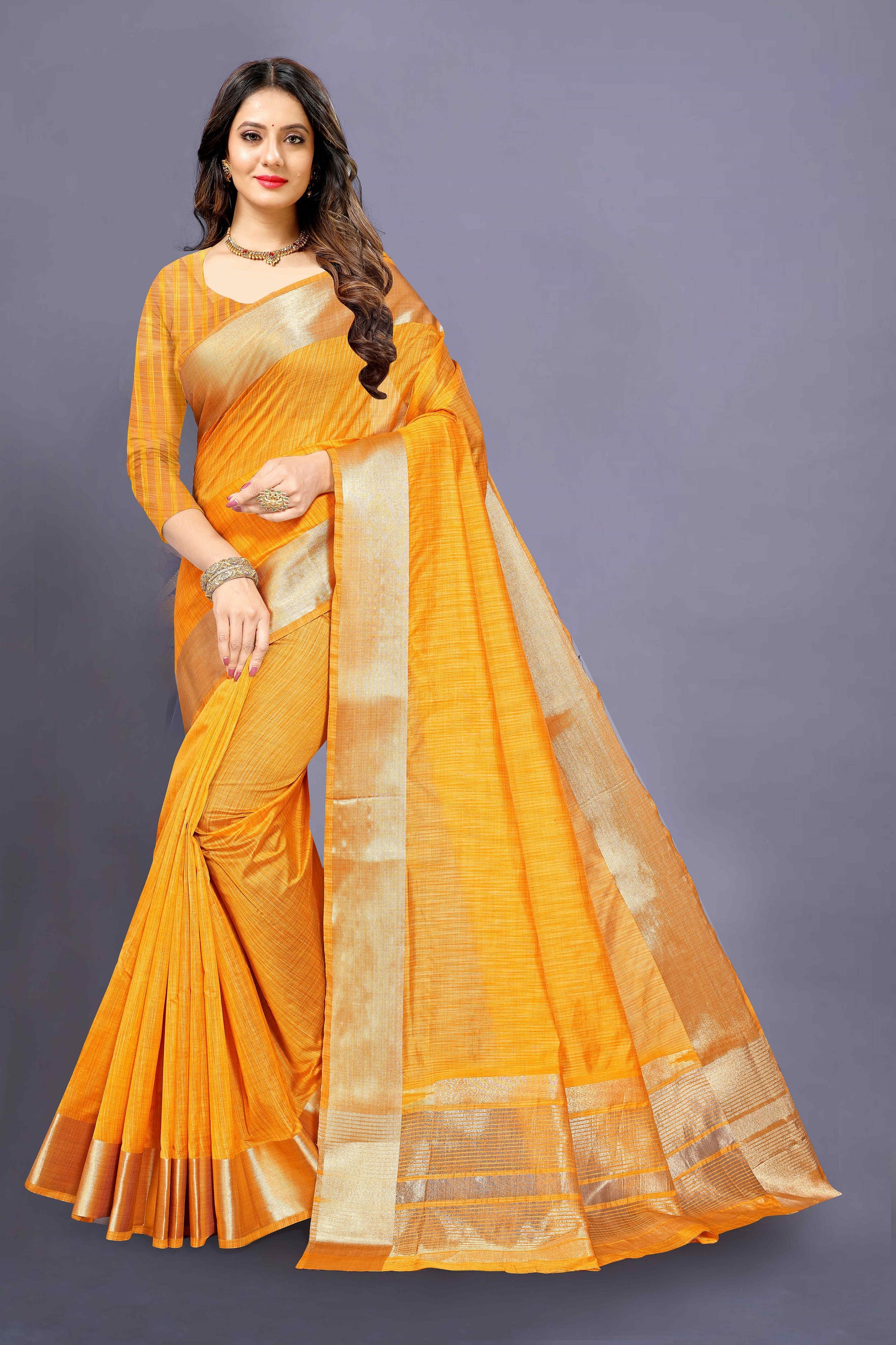 Yellow color cotton silk saree - Joshindia