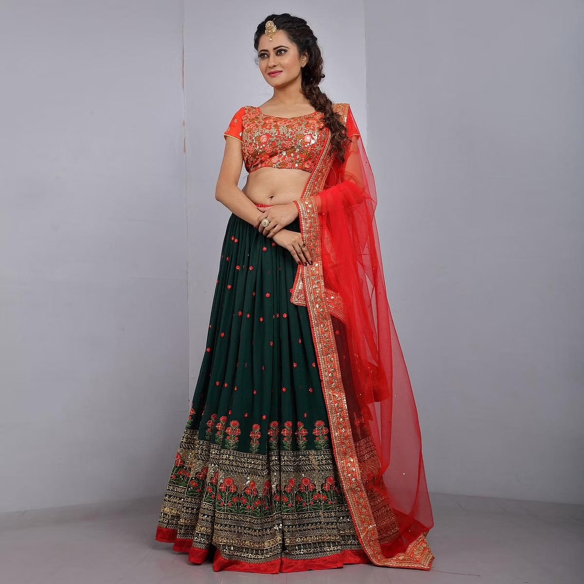 Green Lehenga Choli with Embroidery work And Red Dupatta – Fabvilla