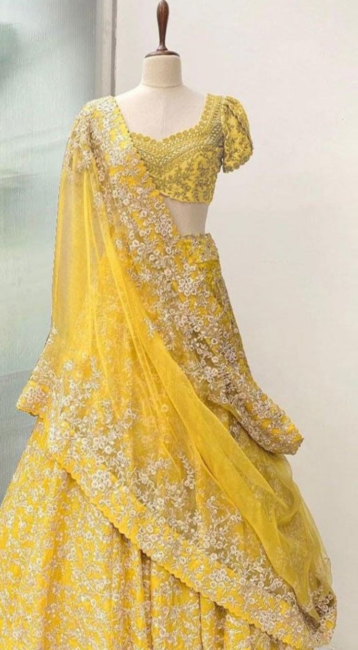 Buy Pink Ethnic Yellow Color Georgette Semi Stitched Lehenga & Unstitched  Blouse with Dupatta online