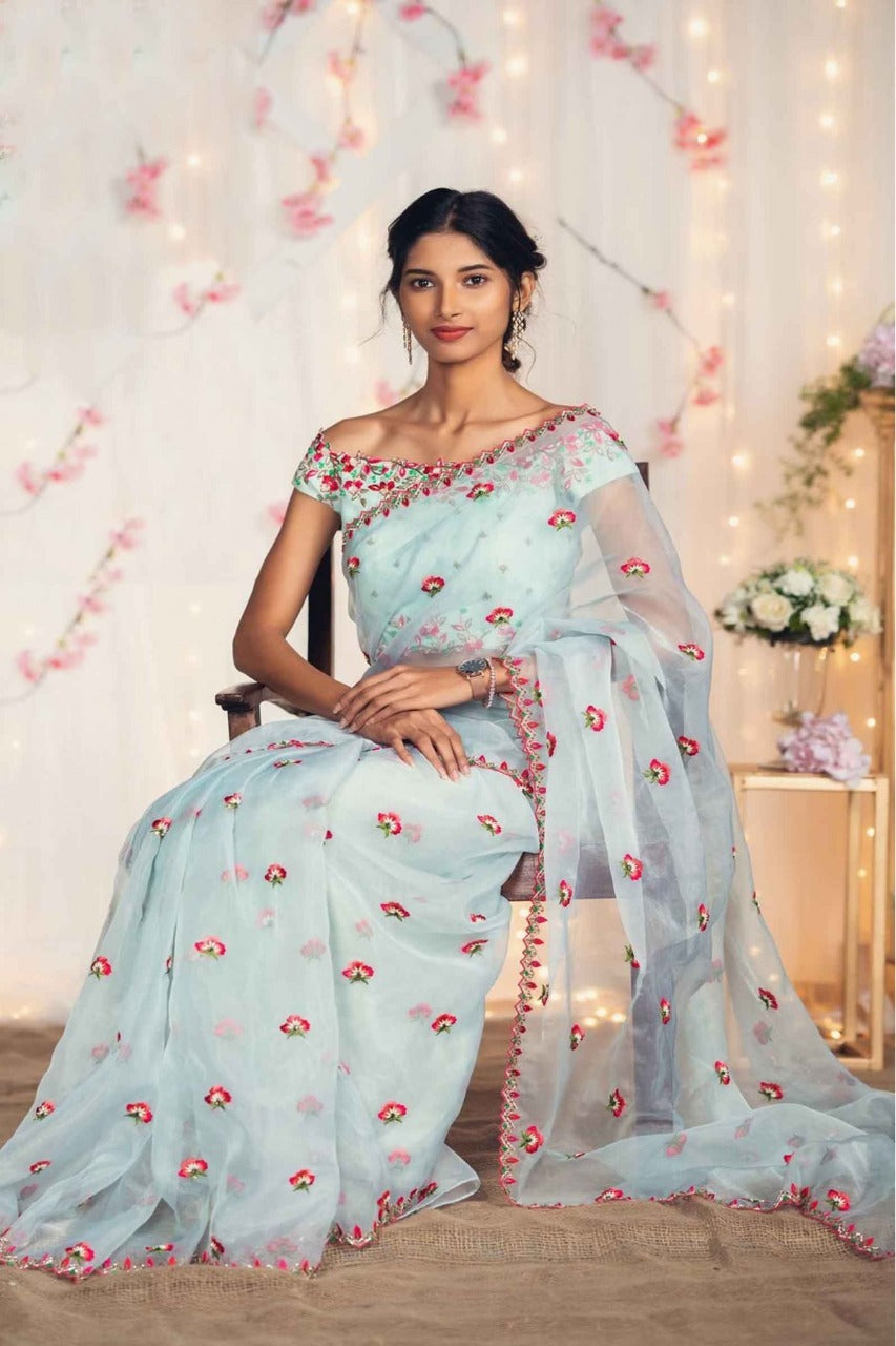 Light Blue Chiffon Saree | Leemboodi