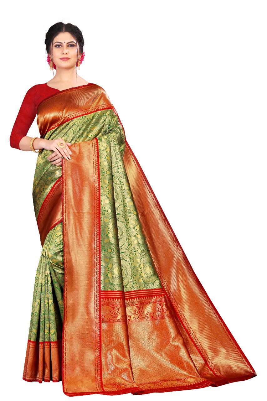 Latest Banarasi SIlk Saree Design Olive Green with Red Blouse