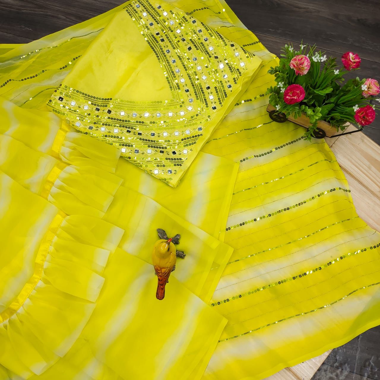 Yellow ruffle designer saree buy online at affordable price - Joshindia