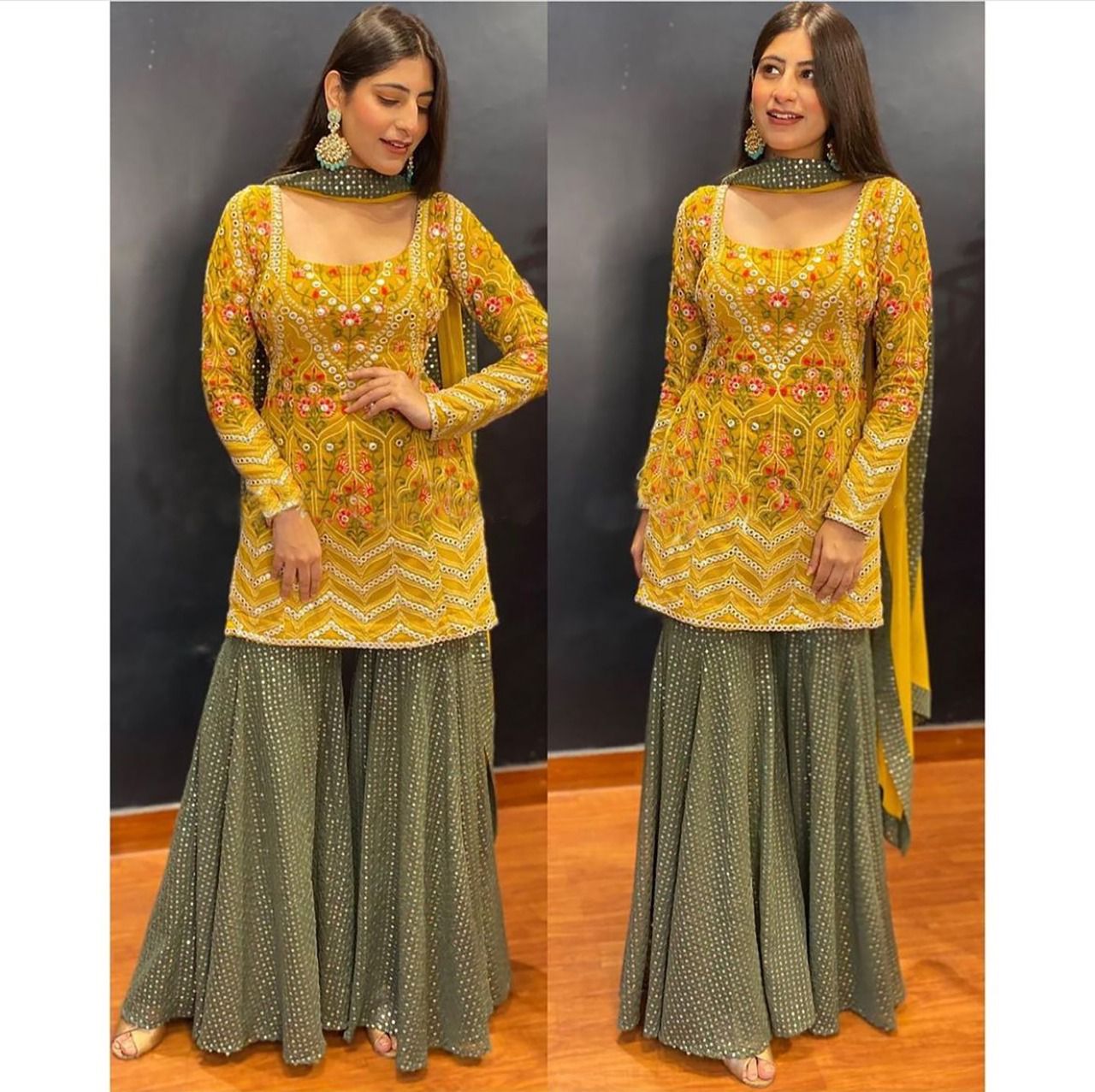 Green and yellow georgette sharara suit online at best rate - Joshindia