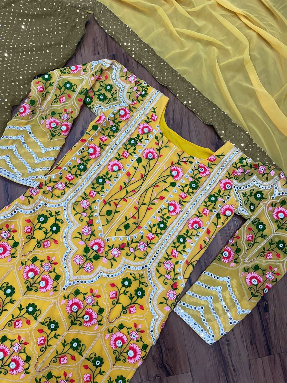 Green and yellow georgette sharara suit online at best rate - Joshindia