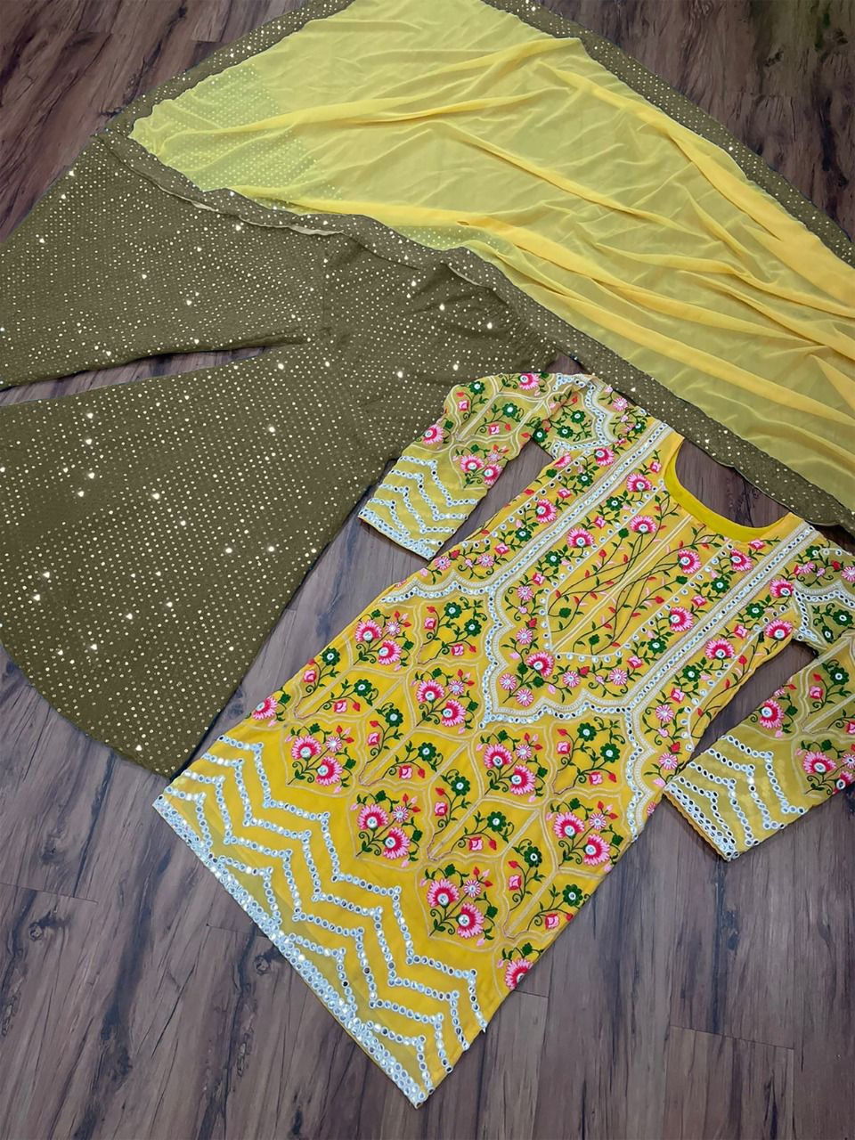 Green and yellow georgette sharara suit online at best rate - Joshindia