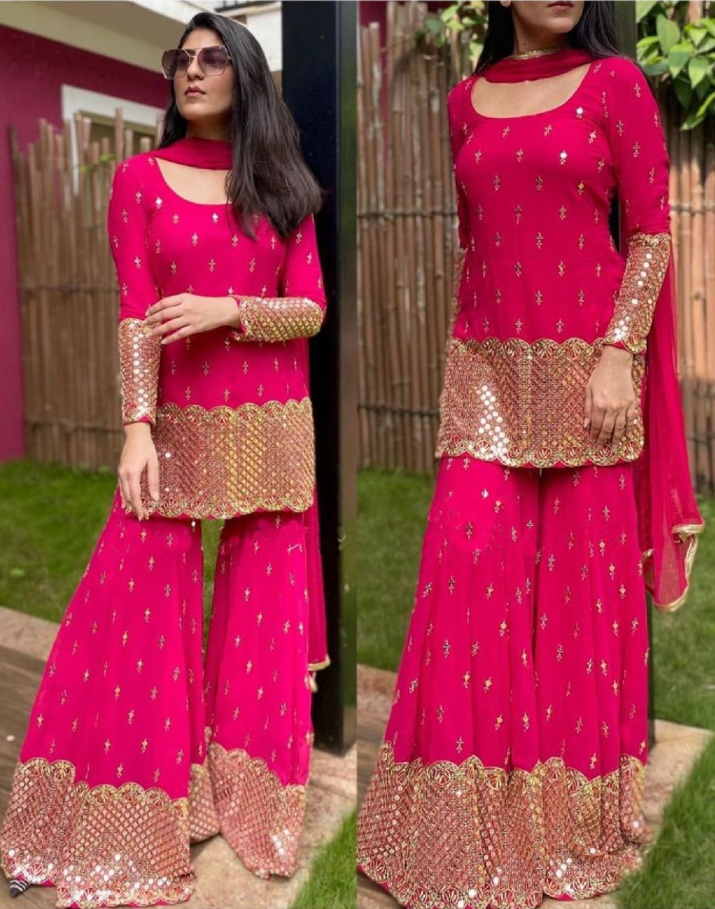 Pink color designer sharara suit for wedding functions - Joshindia