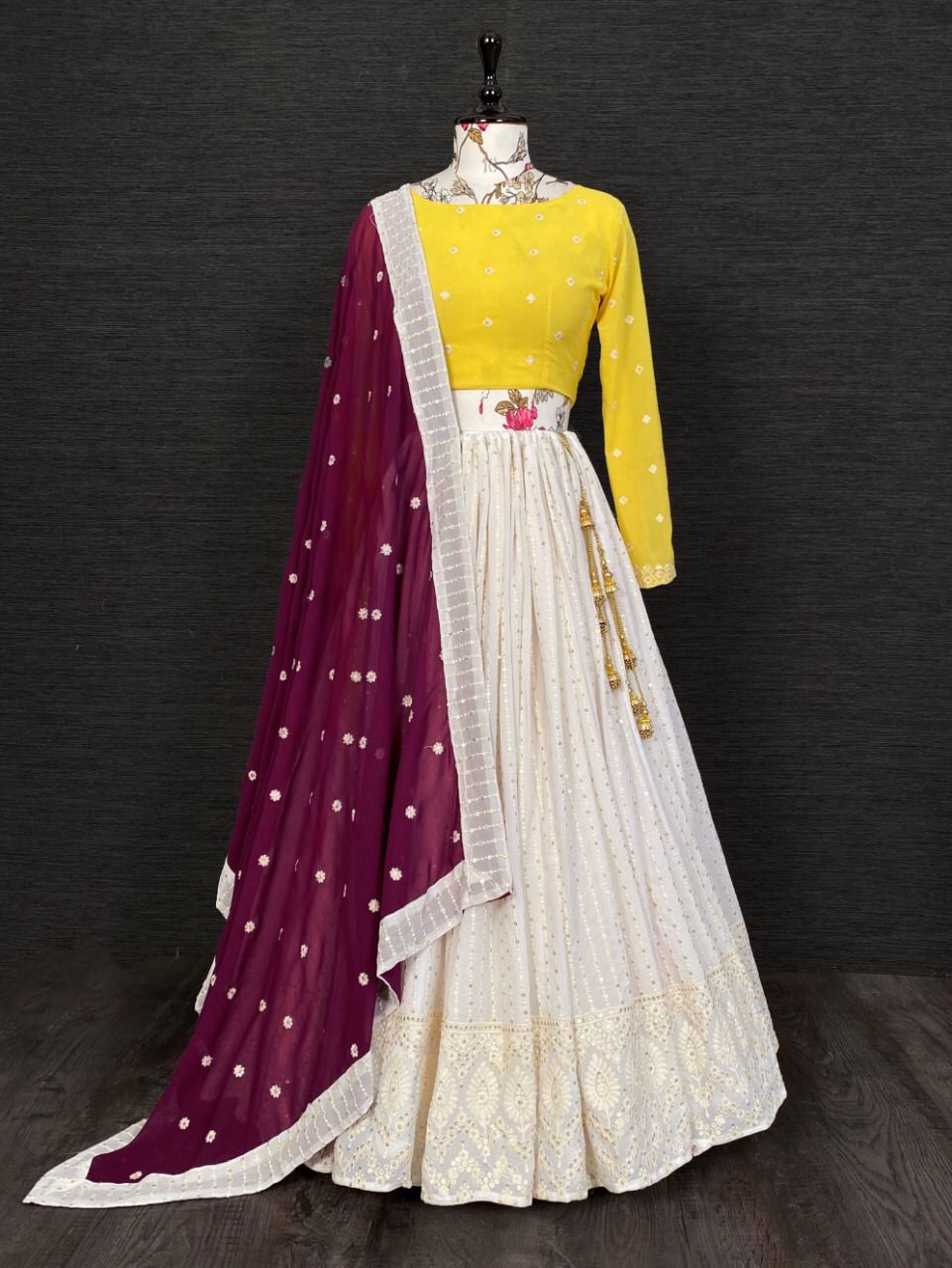 Yellow Embroidered Georgette Semi Stitched Lehenga