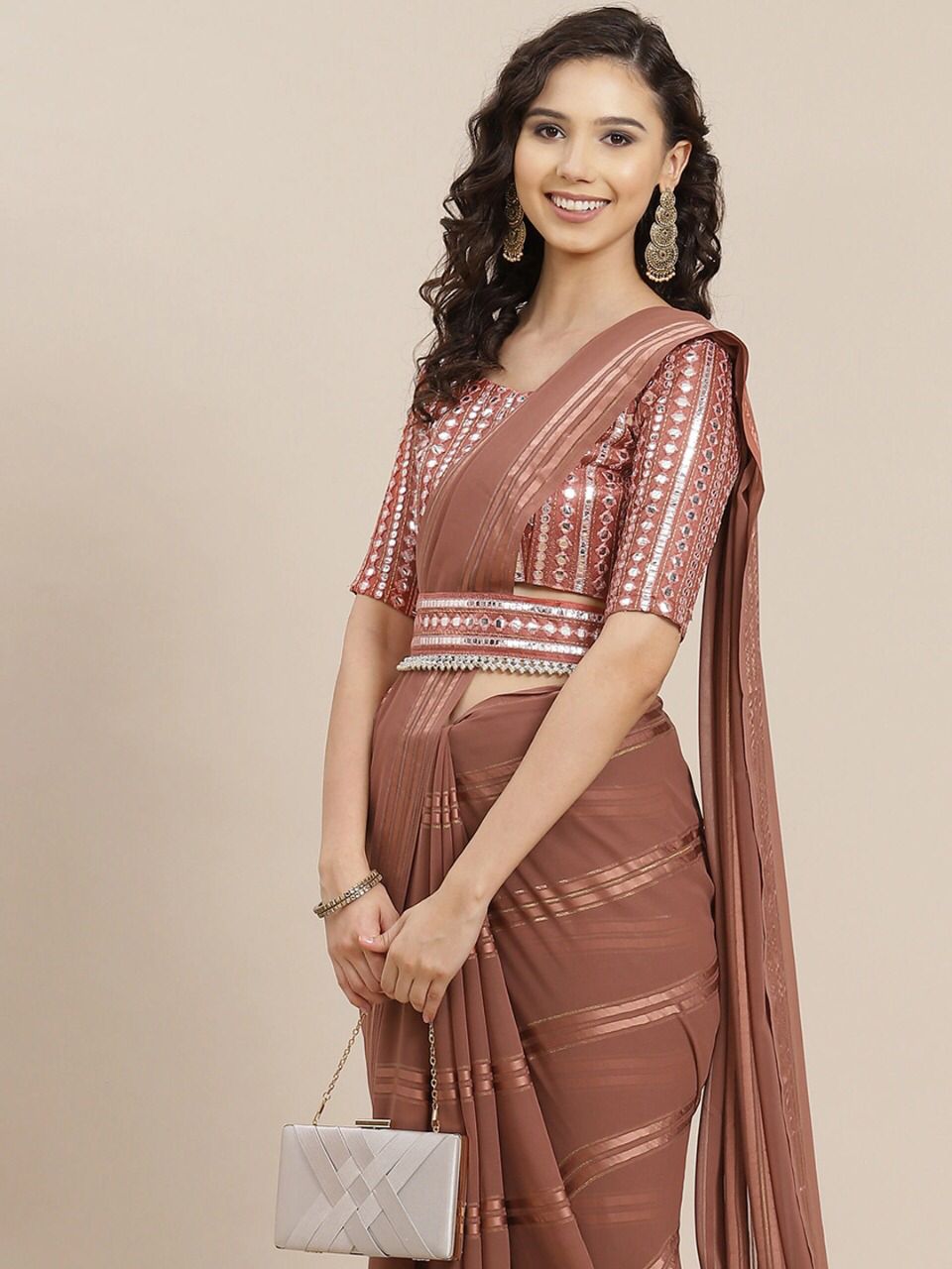 Contrast Border Georgette Saree in Dark Brown : SJN7548