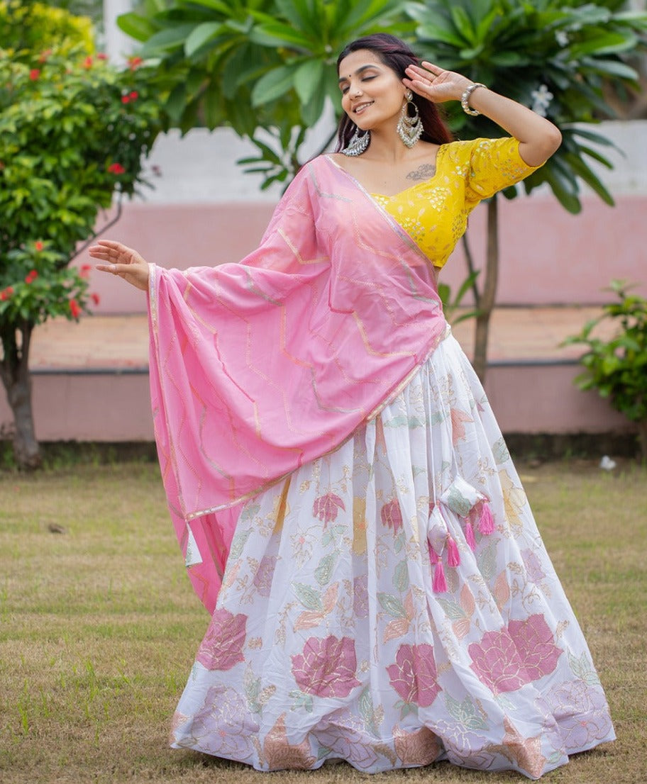 Pink and white lucknowi mirror work lehenga choli shop now - Joshindia