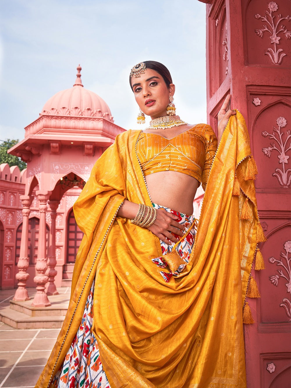 Mustard Yellow Lehenga With Red Blouse – Astha Narang