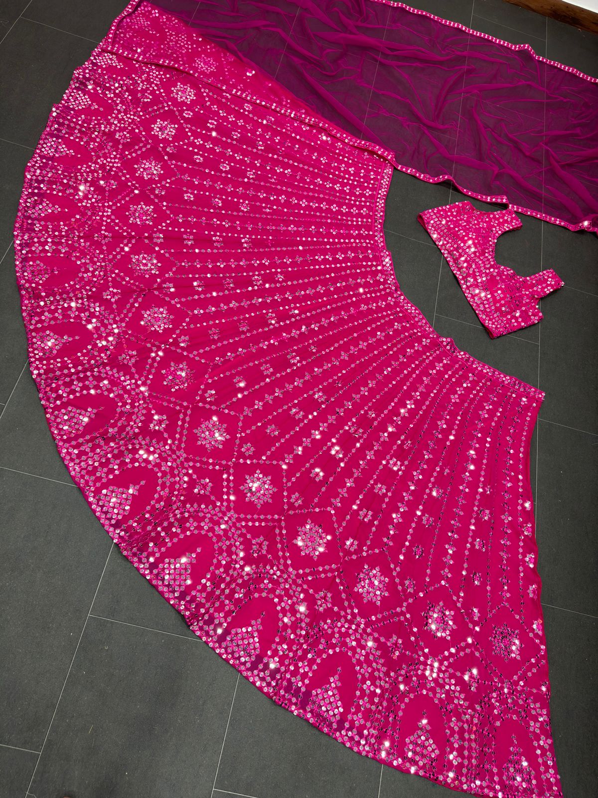 Pink Color Designer Mirror Work lehenga choli For Wedding - Joshindia