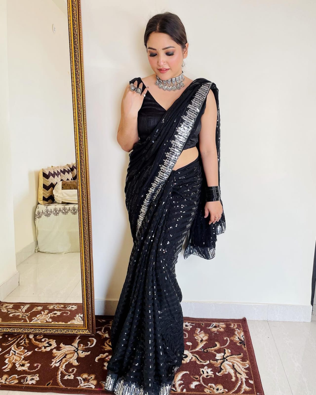 Black color Georgette Partywear Saree - Latest Saree - New In - Indian