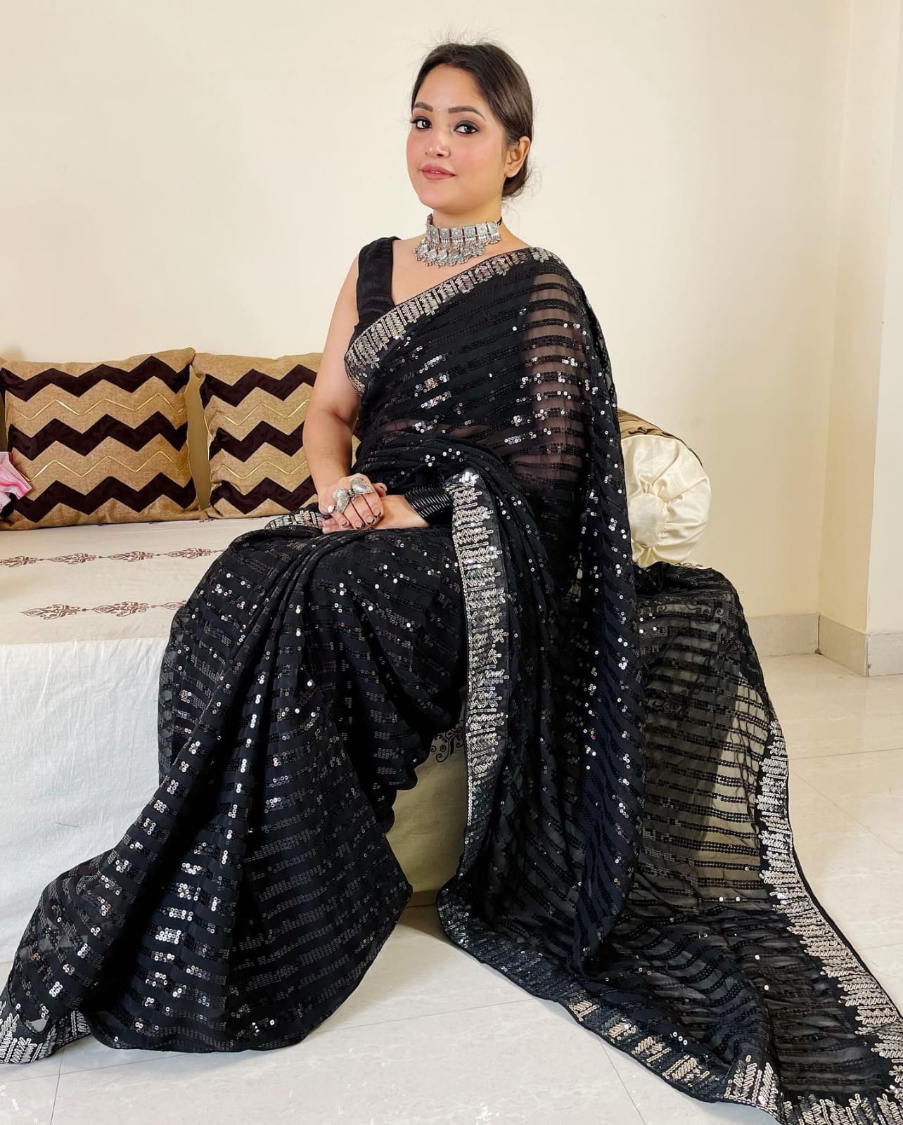 Black color trending Sequins saree buy online - Joshindia