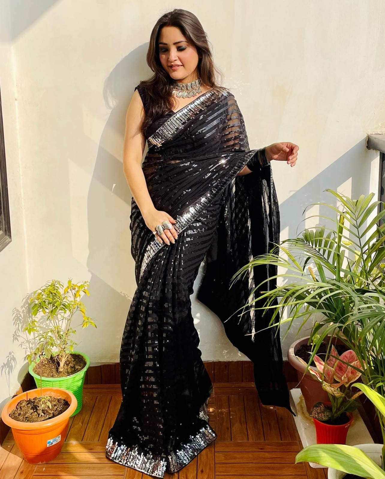 Black color trending Sequins saree buy online - Joshindia