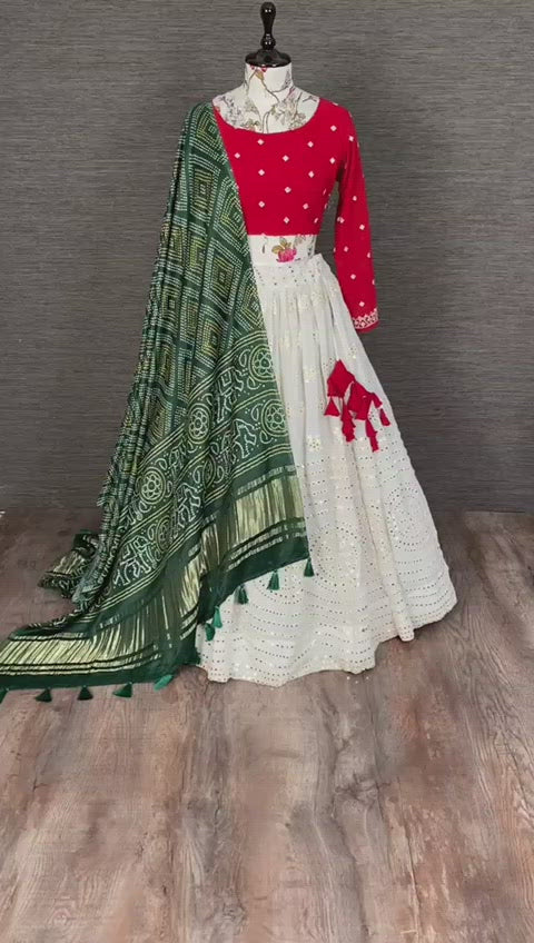 Mehndi Green Blouse - White Lehenga - Blue Dupatta