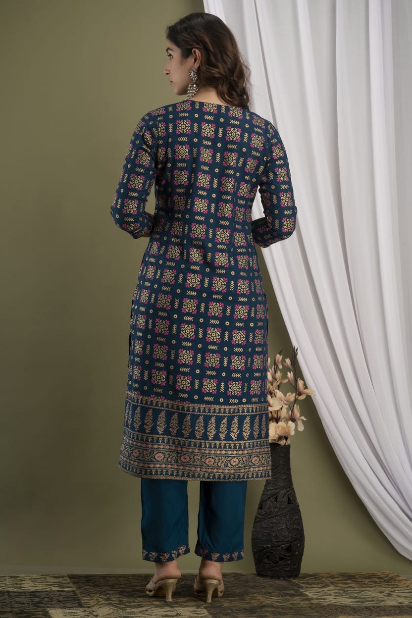 Gold Printed Straight Kurti  With  Pant and mulmul DUPPATTA - Joshindia