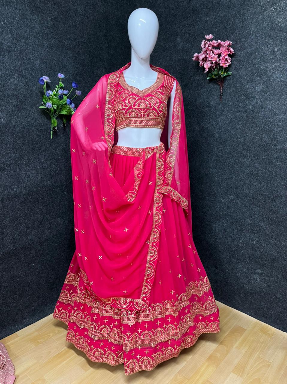 Pink with Green Thread, Zari, Stone and Sequins work Semi Stitched Bri –  Seasons Chennai