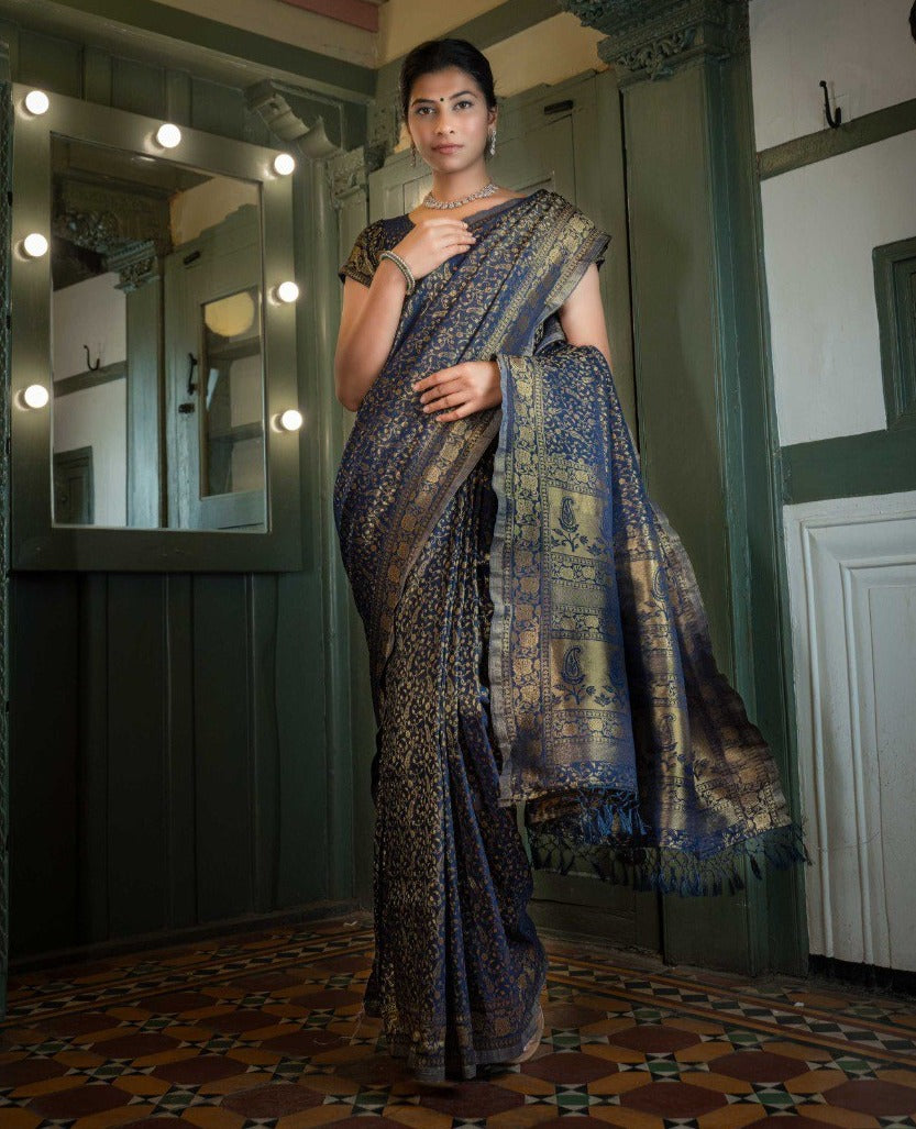 Royal Blue Pure Khaddi Banarasi Silk Saree in Chiffon woven in Silver Zari  - Mirra Clothing