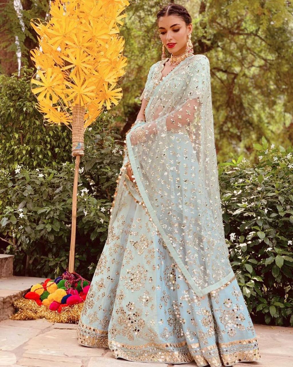 Sky blue color mirror lehenga choli at affordable price buy now - Joshindia