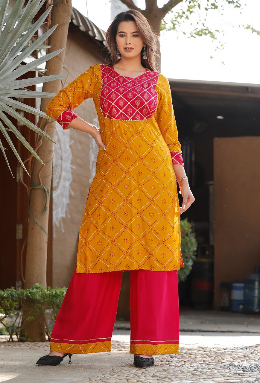 Trendy Style Kurti Palazzo  With Bandhani Print - Joshindia