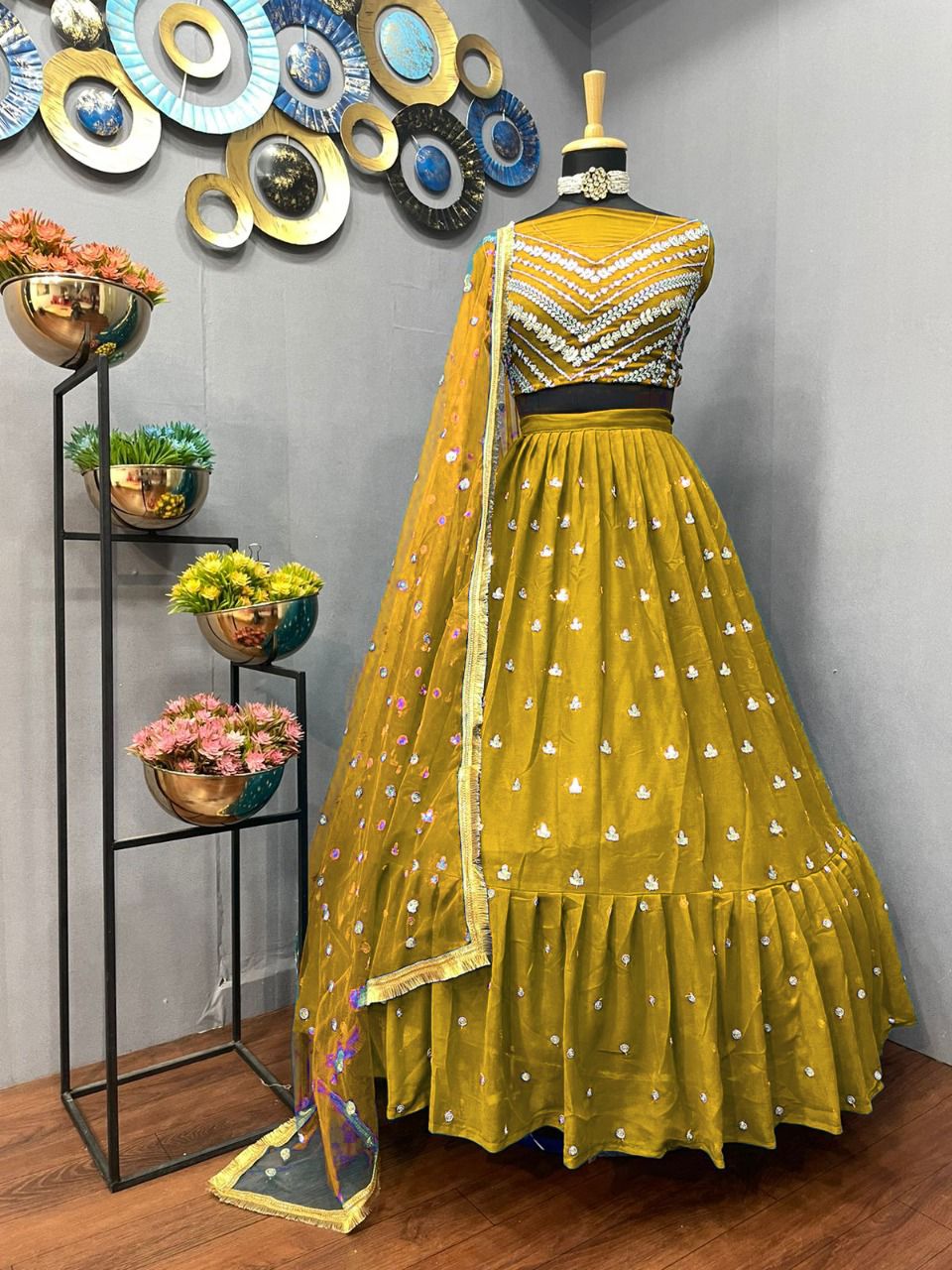 Yellow Partywear Sequence Embroidered Net Lehenga Choli