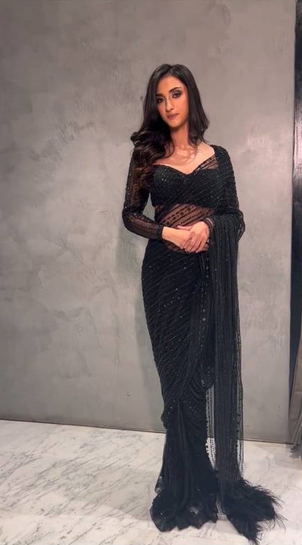 Lycra Ready To Wear Black Saree at Rs 390 in Surat | ID: 2852207019691