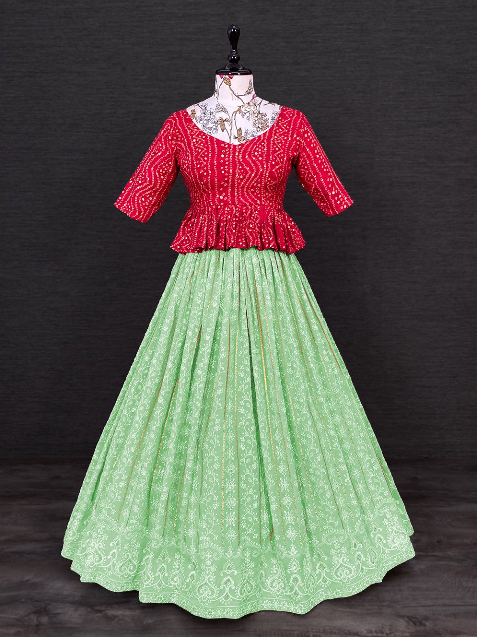 Marvellous Red & Multi Colored Taffeta Silk Printed Indo Western Lehenga  Choli - RJ Fashion
