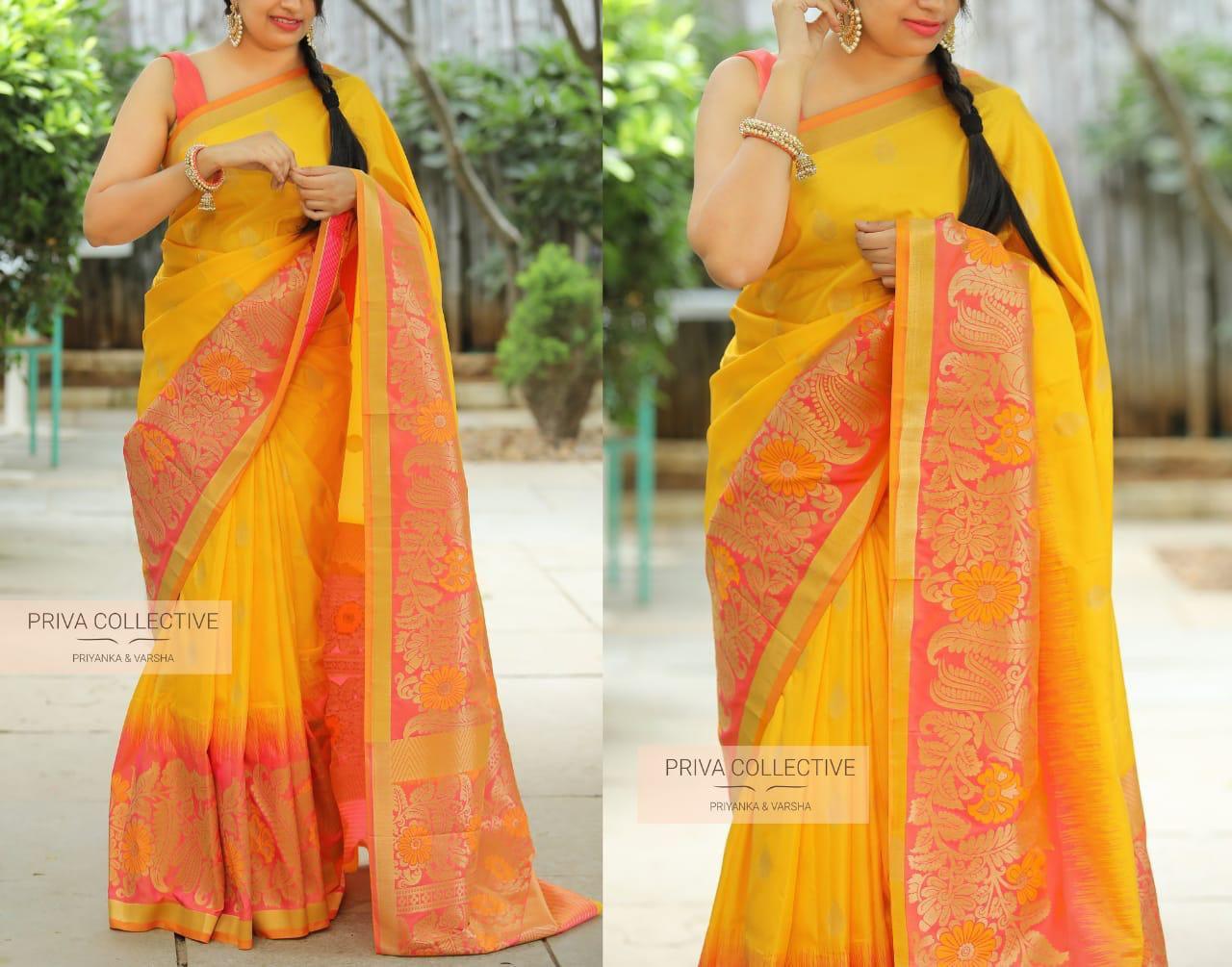 Yellow Saree With Blue Floral Print Art Silk Saree With Blouse - Classiques  - 3448861