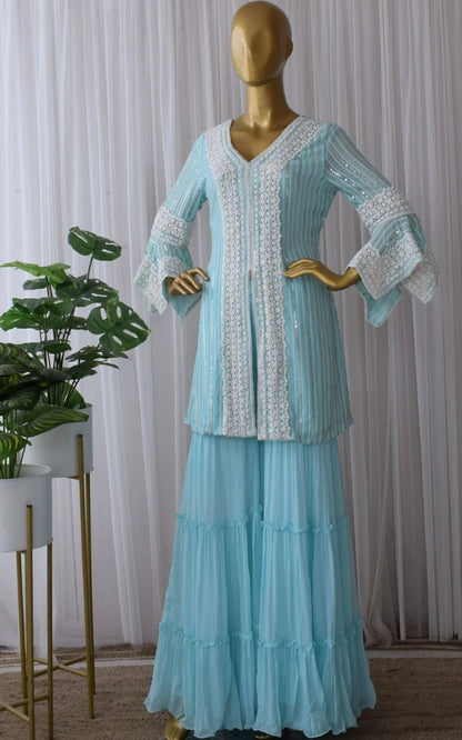 Sky Blue Color Faux Georgette Embroided Sharara Suit - Joshindia