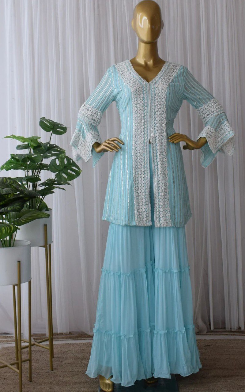 Sky Blue Color Faux Georgette Embroided Sharara Suit - Joshindia