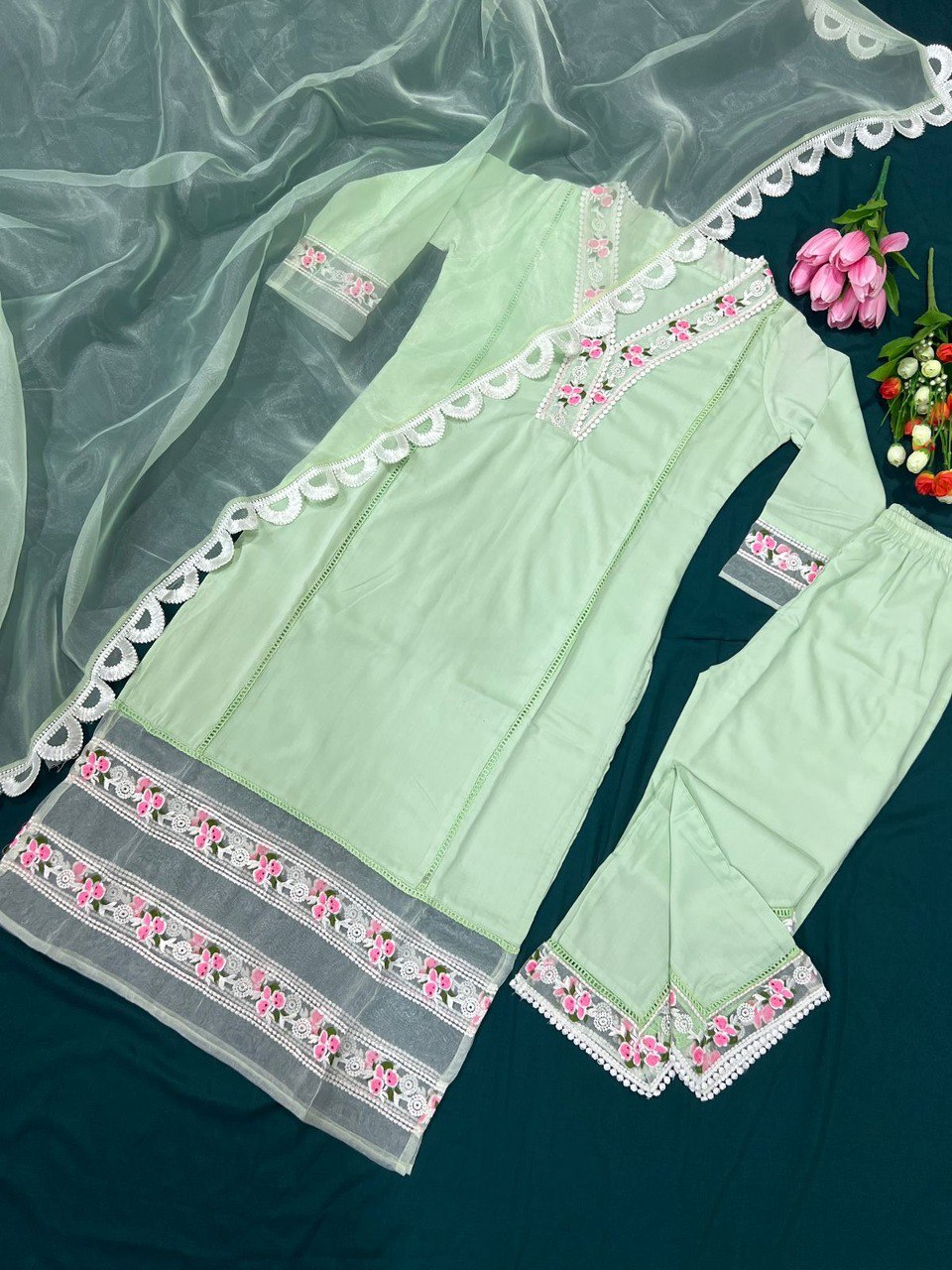 Buy Pista color lucknowi style kurta set for stylish look - Joshindia