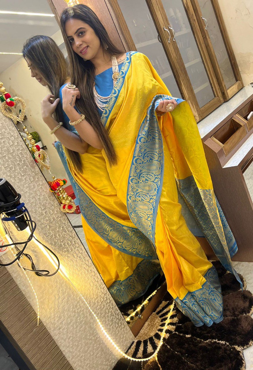 Yellow Color Multi Work Ready To Wear Organza Saree – Amrutamfab