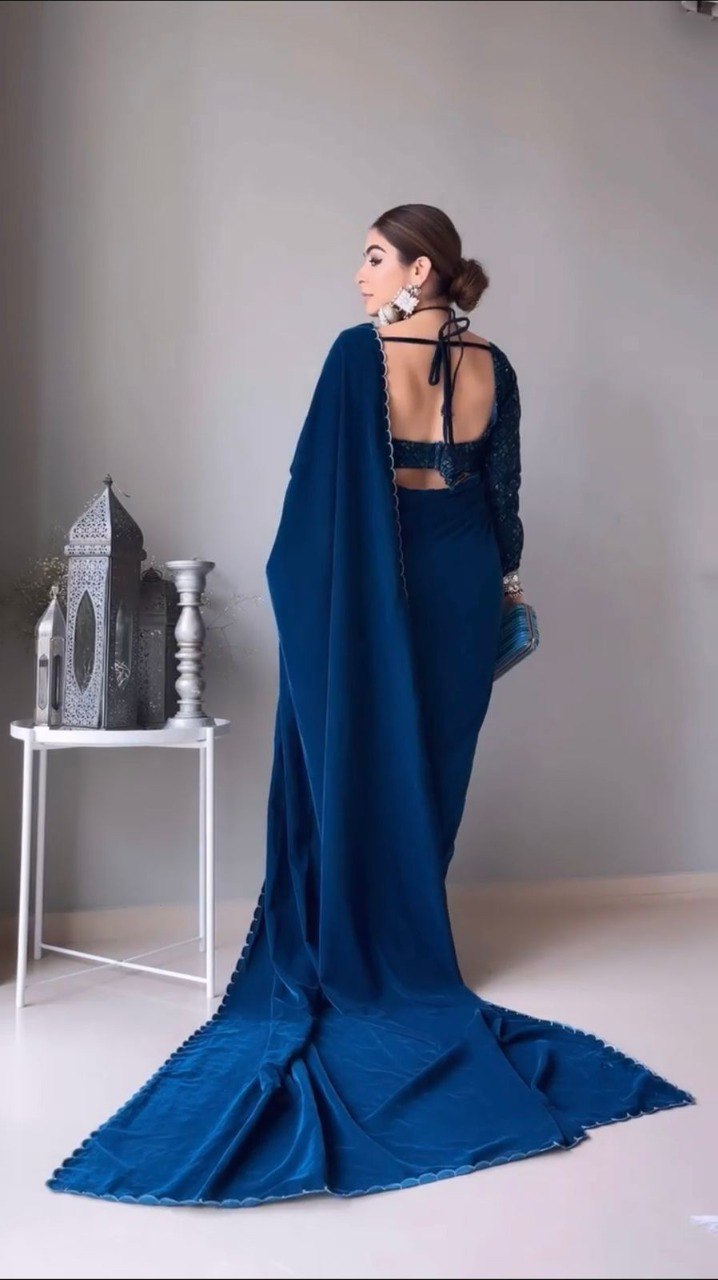 BEST SELLING Party Blue Velvet Net Saree Bollywood Ethnic Wedding Designer  Sari | eBay